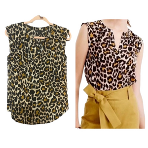 J. Crew Leopard Print 100% Silk Split Neck Sleeveless Blouse Size 2/XS